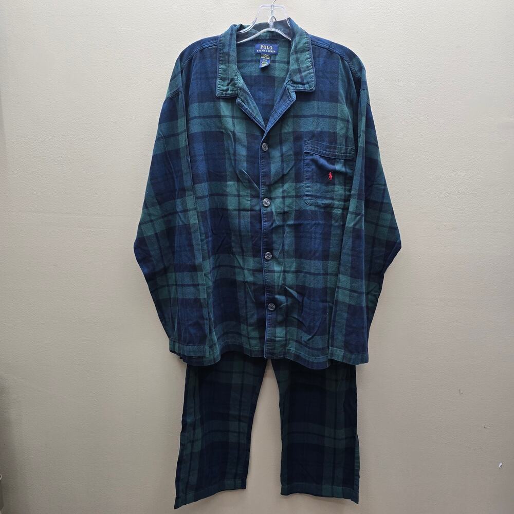 Polo Ralph Lauren 100% Cotton Sleepwear Pajama Set Men's Large Plaid Green Blue